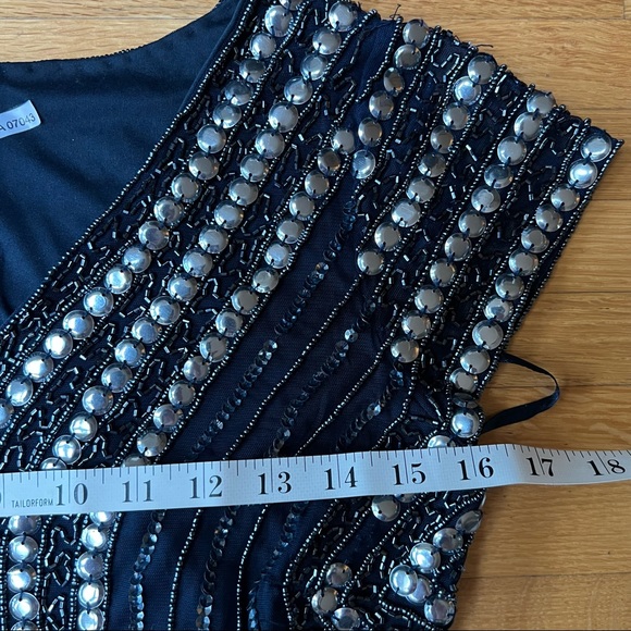 PISARRO NIGHTS black dress with metal nailhead design and a scalloped hem - Picture 6 of 13